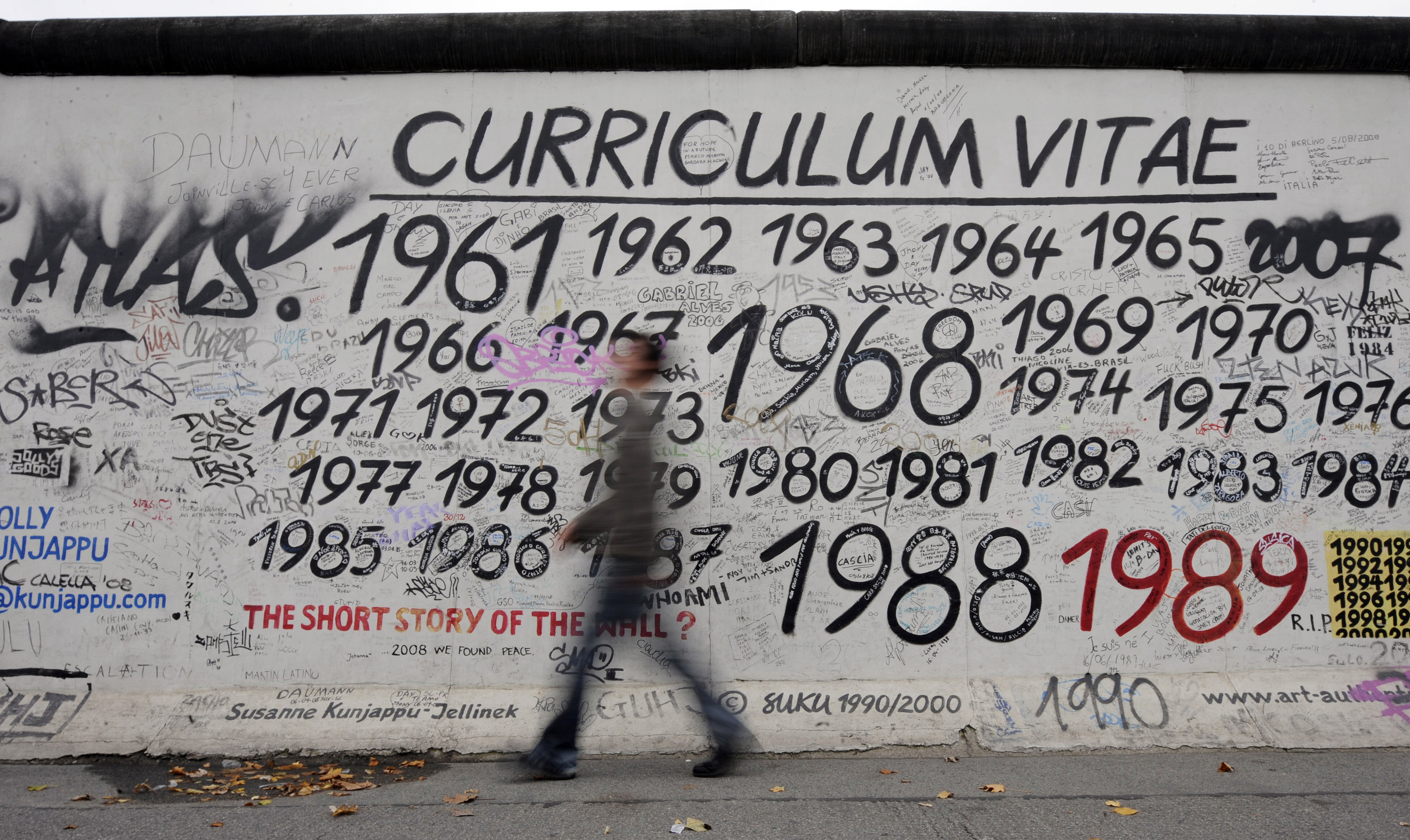 A man walks past a portion of the Berlin