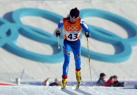 Stefania Belmondo impegnata a Salt Lake City, durante le Olimpiadi Invernali del 2002