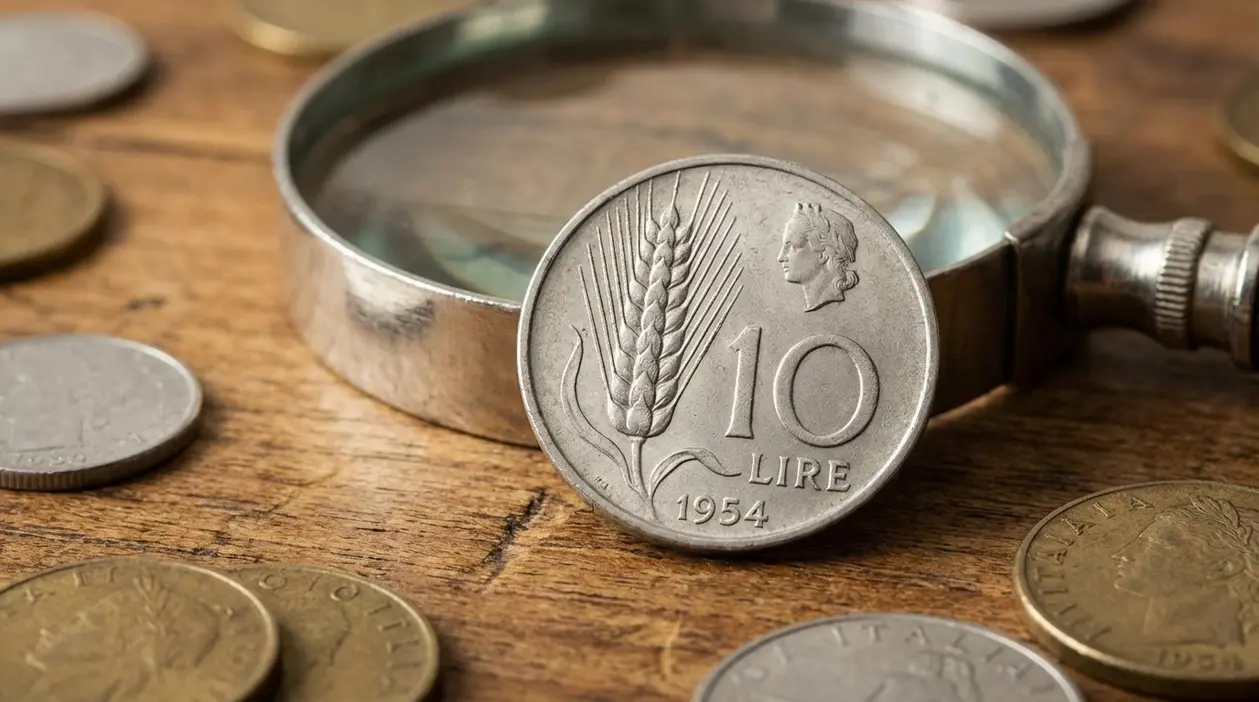 Moneta da 10 lire con spiga del 1954 accanto a una lente d’ingrandimento su un tavolo di legno
