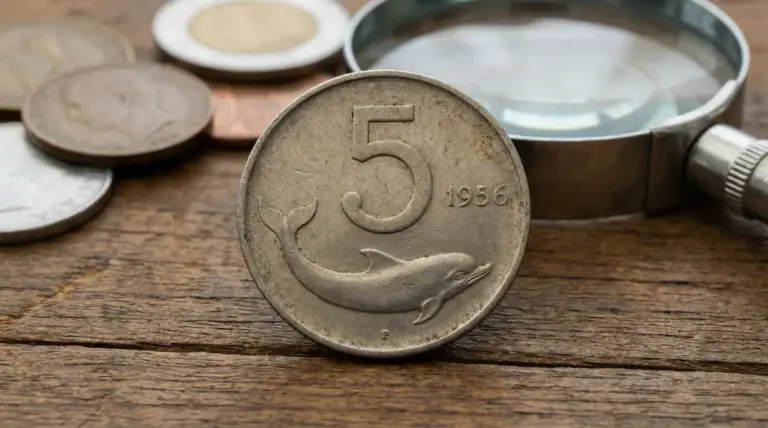 Moneta da 5 lire con delfino del 1956 in primo piano accanto a una lente su un tavolo di legno