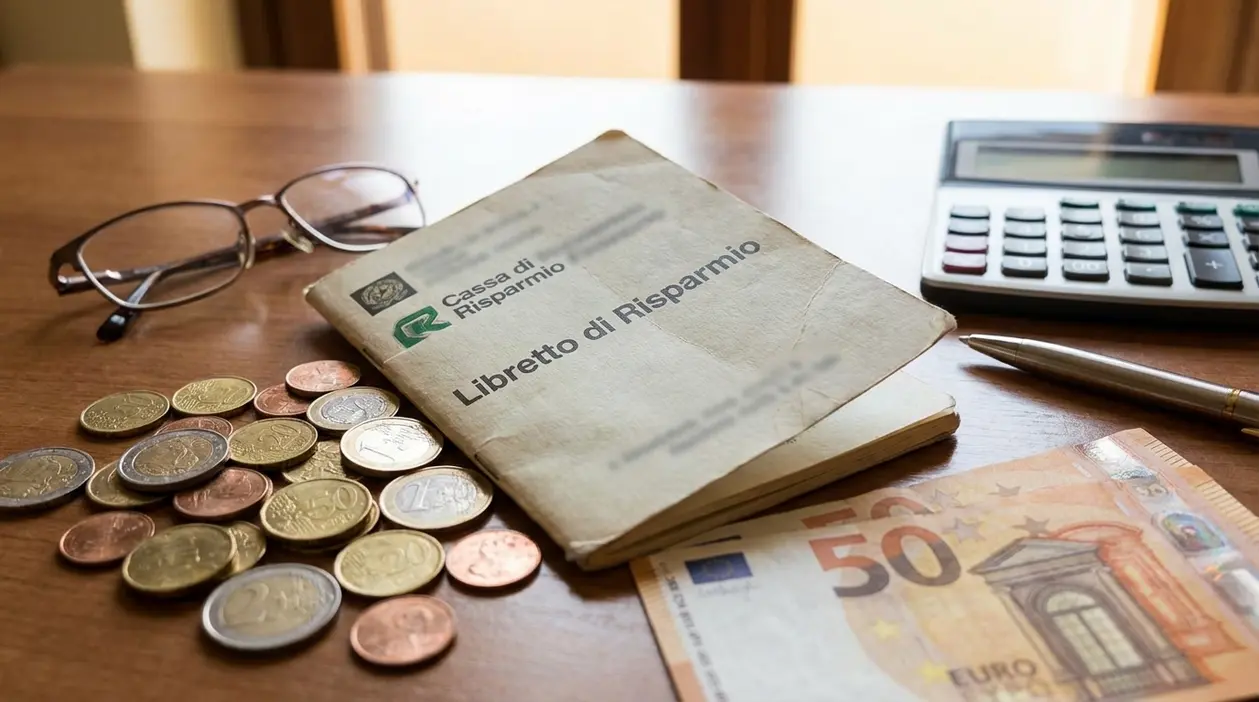 Libretto di risparmio su un tavolo con monete, banconota da 50 euro, calcolatrice, penna e occhiali