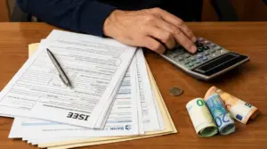 Mano con calcolatrice accanto a moduli ISEE e banconote in euro su un tavolo