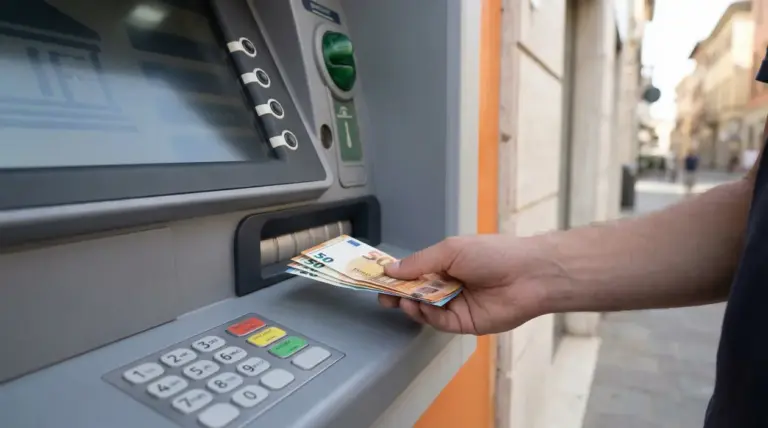 Persona che ritira banconote da un bancomat in strada, tema prelievo di denaro e possibili obblighi di restituzione