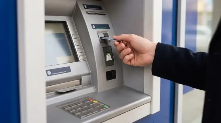 Persona che inserisce una carta in un bancomat per un prelievo di contanti