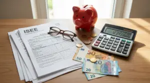 Documenti ISEE con calcolatrice, salvadanaio e banconote euro su un tavolo, tema assegno unico e soglia ISEE