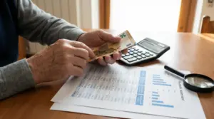 Persona anziana conta banconote in euro accanto a calcolatrice e documenti finanziari sul tavolo