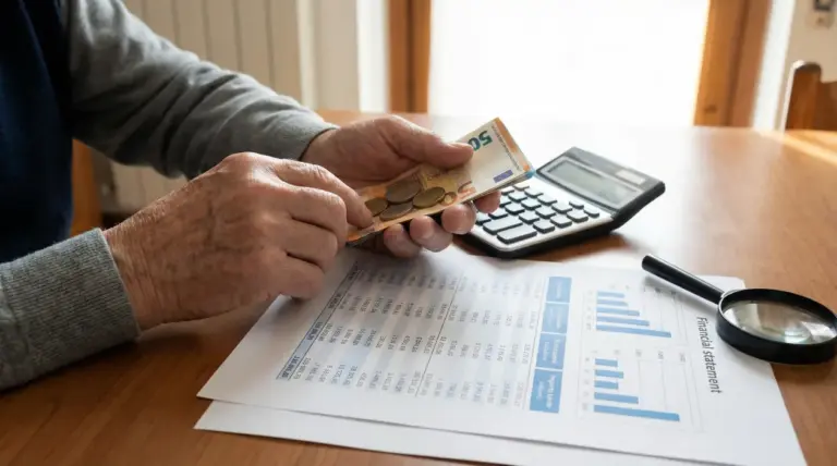 Persona anziana conta banconote in euro accanto a calcolatrice e documenti finanziari sul tavolo
