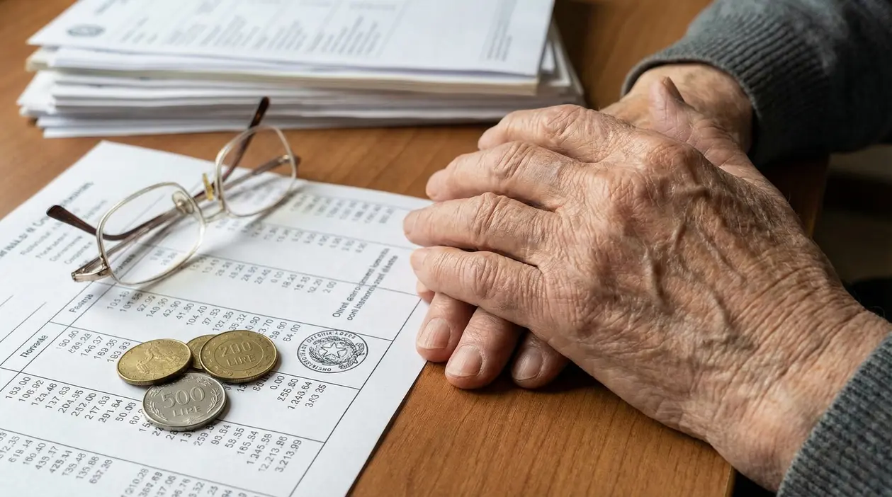 Mani di una persona anziana su documenti contabili con occhiali e monete, tema aumento pensioni