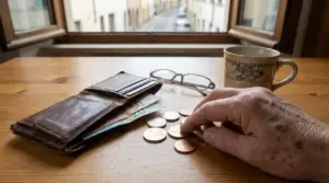 Mano di una persona anziana conta monete in euro accanto a portafoglio e banconote su un tavolo