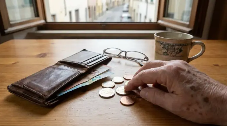 Mano di una persona anziana conta monete in euro accanto a portafoglio e banconote su un tavolo