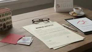 Documenti per bonus affitto su un tavolo con modellino di casa, contanti, tablet e calendario