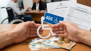 Mani con simbolo disabilità, documenti e denaro su un tavolo, con persona in sedia a rotelle sullo sfondo