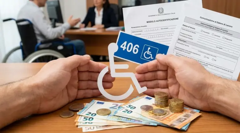 Mani con simbolo disabilità, documenti e denaro su un tavolo, con persona in sedia a rotelle sullo sfondo