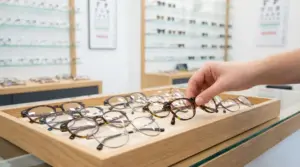 Mano che sceglie una montatura da vista in un negozio di ottica con diversi occhiali esposti