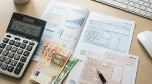 Calcolatrice, moduli fiscali e banconote in euro su una scrivania, tema bonus partita IVA e requisiti