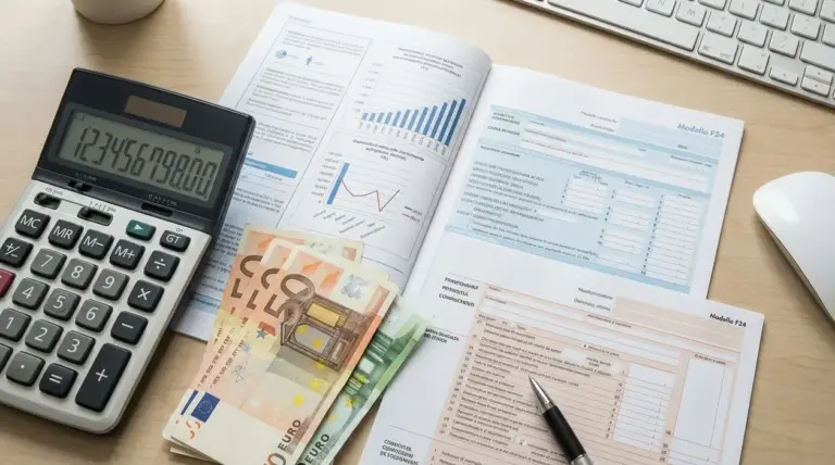 Calcolatrice, moduli fiscali e banconote in euro su una scrivania, tema bonus partita IVA e requisiti