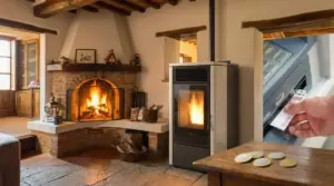 Camino in muratura e stufa moderna in un soggiorno, immagine legata al bonus fino a 8000 euro per la sostituzione