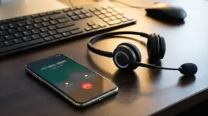 Smartphone con chiamata in arrivo e cuffie con microfono su una scrivania, tema call center e telefonate sospette