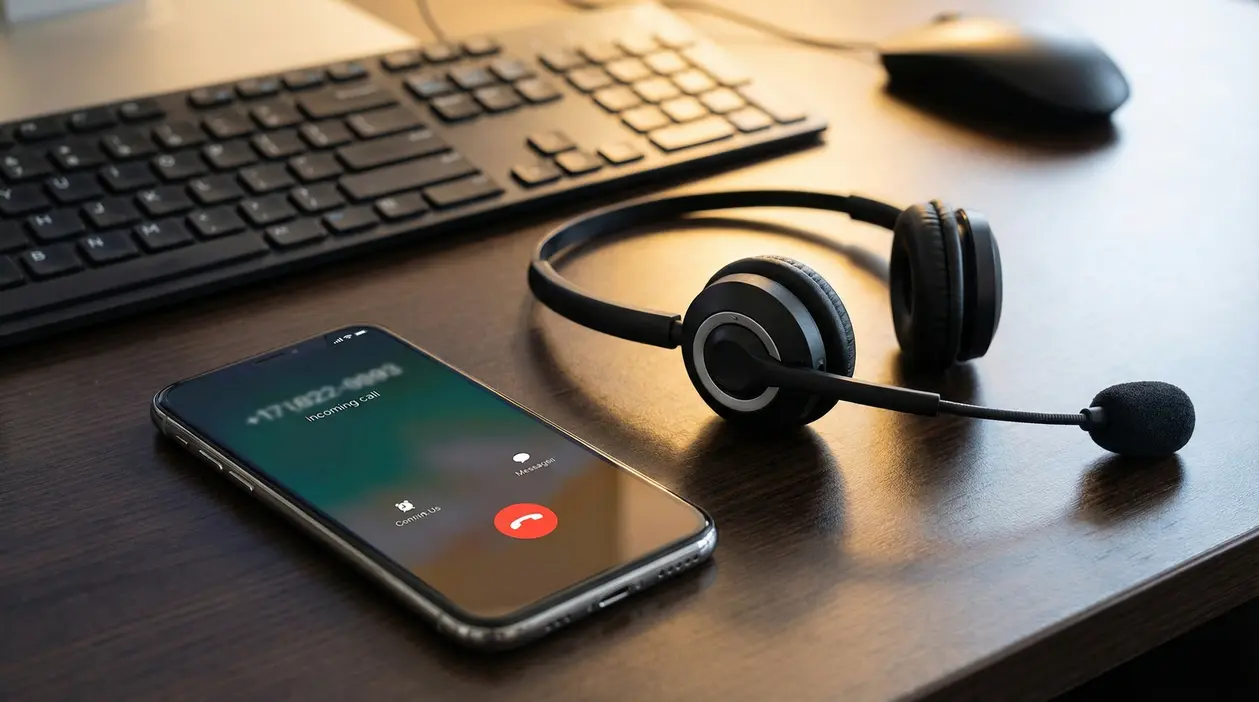 Smartphone con chiamata in arrivo e cuffie con microfono su una scrivania, tema call center e telefonate sospette