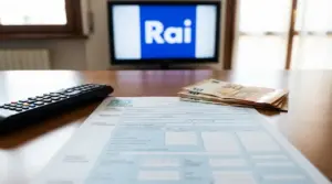 Modulo F24 su un tavolo con telecomando, banconote e televisore, immagine sul pagamento del Canone RAI