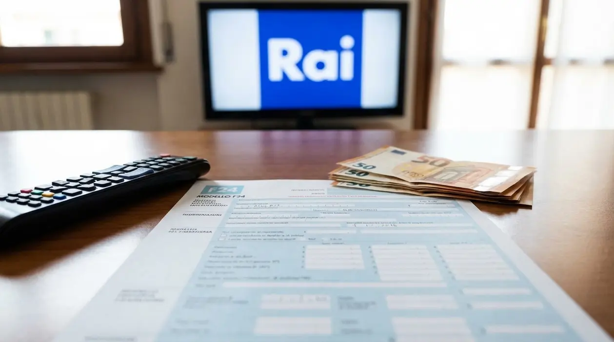 Modulo F24 su un tavolo con telecomando, banconote e televisore, immagine sul pagamento del Canone RAI