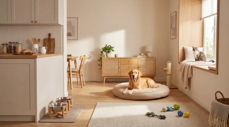 Soggiorno luminoso pet-friendly con cane su cuccia, gatto alla finestra, tiragraffi, ciotole e giochi