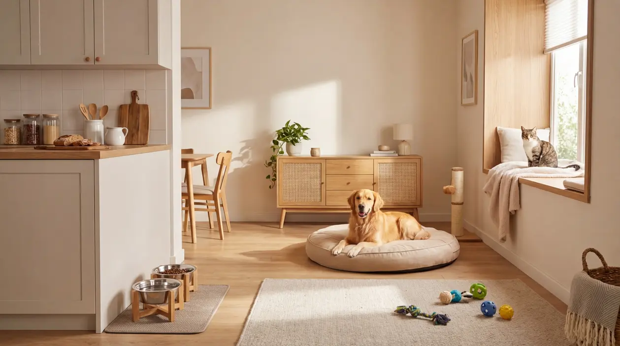 Soggiorno luminoso pet-friendly con cane su cuccia, gatto alla finestra, tiragraffi, ciotole e giochi