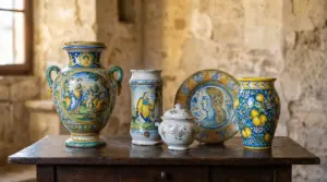 Collezione di ceramiche antiche italiane decorate, con vasi e piatti su un tavolo rustico