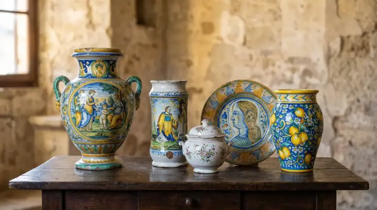 Collezione di ceramiche antiche italiane decorate, con vasi e piatti su un tavolo rustico