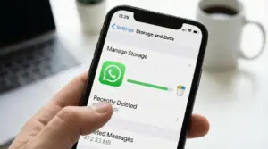 Smartphone con schermata di gestione spazio WhatsApp aperta per liberare memoria e svuotare file eliminati