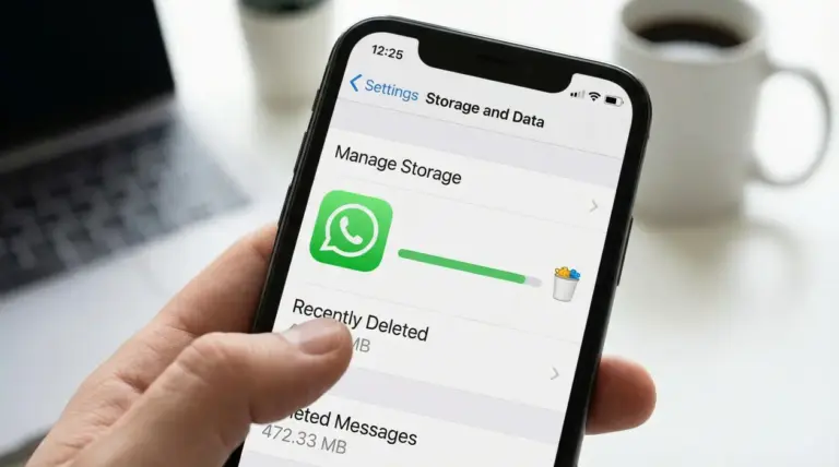 Smartphone con schermata di gestione spazio WhatsApp aperta per liberare memoria e svuotare file eliminati