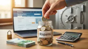Mano che inserisce una moneta in un barattolo di risparmi, con laptop bancario, cassaforte e calcolatrice sul tavolo