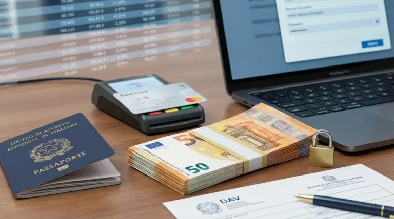 Contanti, carta bancaria, computer portatile e documenti su un tavolo, simbolo dei controlli sul conto corrente