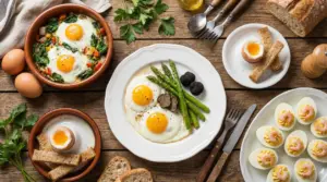 Diversi modi di cucinare le uova: al tegamino, alla coque e sode ripiene, servite con verdure e pane