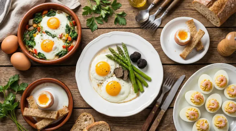 Diversi modi di cucinare le uova: al tegamino, alla coque e sode ripiene, servite con verdure e pane