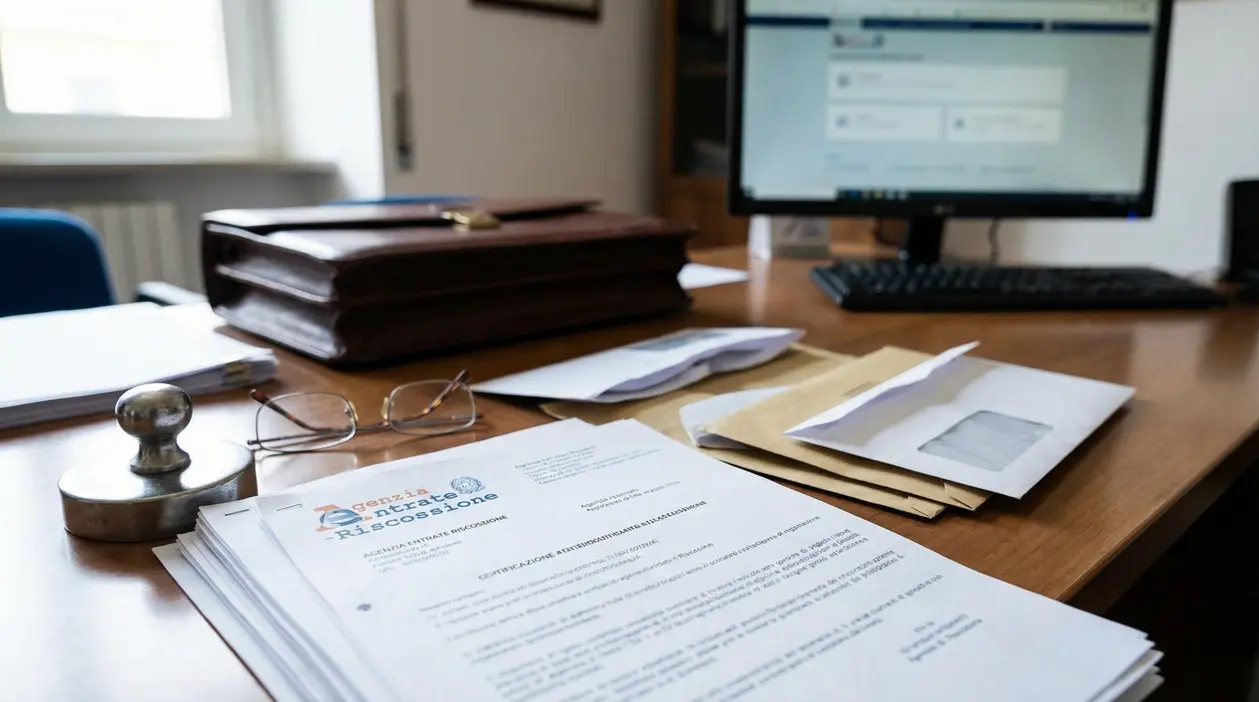 Documenti dell’Agenzia Entrate-Riscossione su una scrivania in ufficio, con buste e computer sullo sfondo