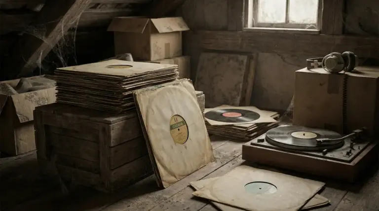Vecchi dischi in vinile impilati in una soffitta polverosa accanto a un giradischi
