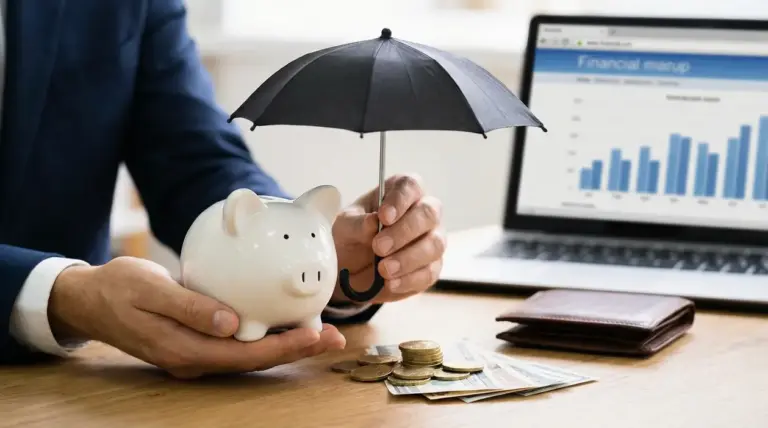 Persona protegge un salvadanaio con un ombrello, simbolo di risparmio e difesa dall’inflazione