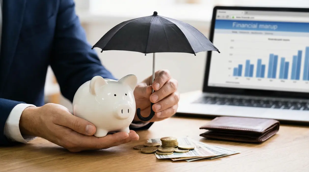 Persona protegge un salvadanaio con un ombrello, simbolo di risparmio e difesa dall’inflazione