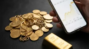 Monete e gioielli in oro accanto a uno smartphone con andamento del prezzo dell’oro in crescita