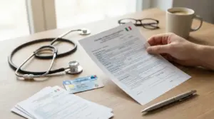 Persona con modulo sanitario e tessera sanitaria su una scrivania con stetoscopio, per richiesta esenzione ticket