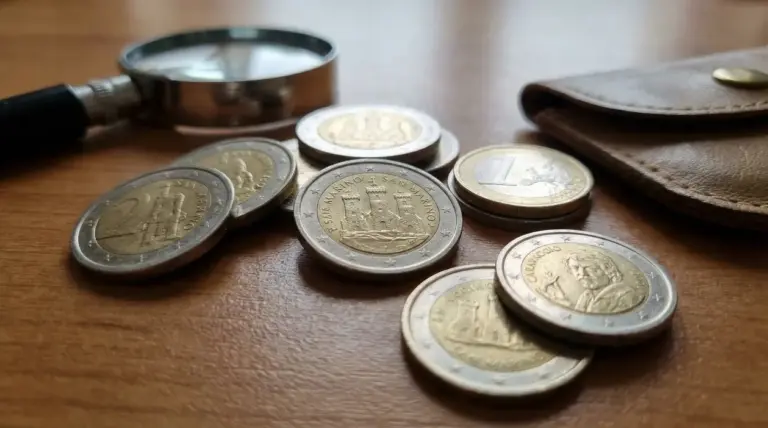 Monete da 2 euro di San Marino su un tavolo accanto a una lente d’ingrandimento e a un portamonete