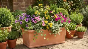 Grande vaso in terracotta con fiori colorati e piante verdi su terrazza, ideale per fioriture tutto l’anno