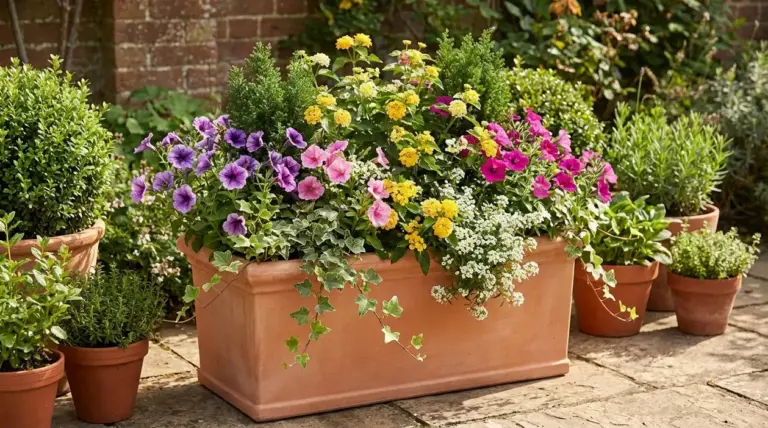 Grande vaso in terracotta con fiori colorati e piante verdi su terrazza, ideale per fioriture tutto l’anno