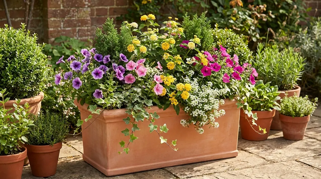 Grande vaso in terracotta con fiori colorati e piante verdi su terrazza, ideale per fioriture tutto l’anno