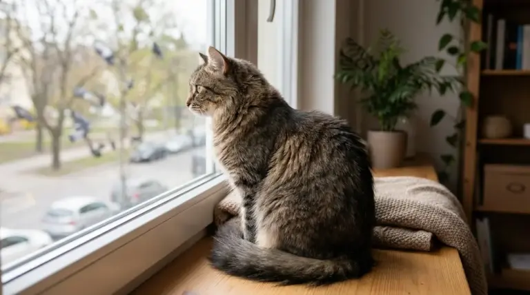 Gatto tigrato seduto sul davanzale mentre osserva fuori dalla finestra di casa