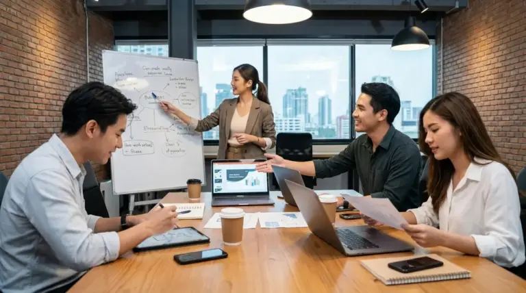 Giovani professionisti in riunione startup mentre discutono idee e strategia in ufficio moderno