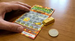 Mano che tiene un gratta e vinci con lingotto dorato e moneta su un tavolo di legno