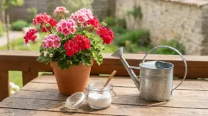 Vaso di gerani rosa e rossi su un tavolo da esterno con annaffiatoio e barattolo di prodotto da cucina