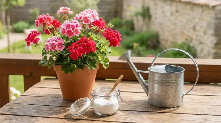 Vaso di gerani rosa e rossi su un tavolo da esterno con annaffiatoio e barattolo di prodotto da cucina
